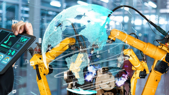 电脑现实工业第40或次工业革命和IOT软件管制操作的自动化造过程概念智能工业机器人武现代化以创新工厂技术为革进行机械化现代项目工
